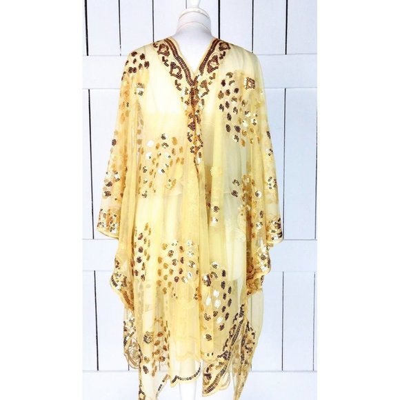 Gold sheer peacock sequin kimono cover up READY TO SHIP - Picture 3 of 5